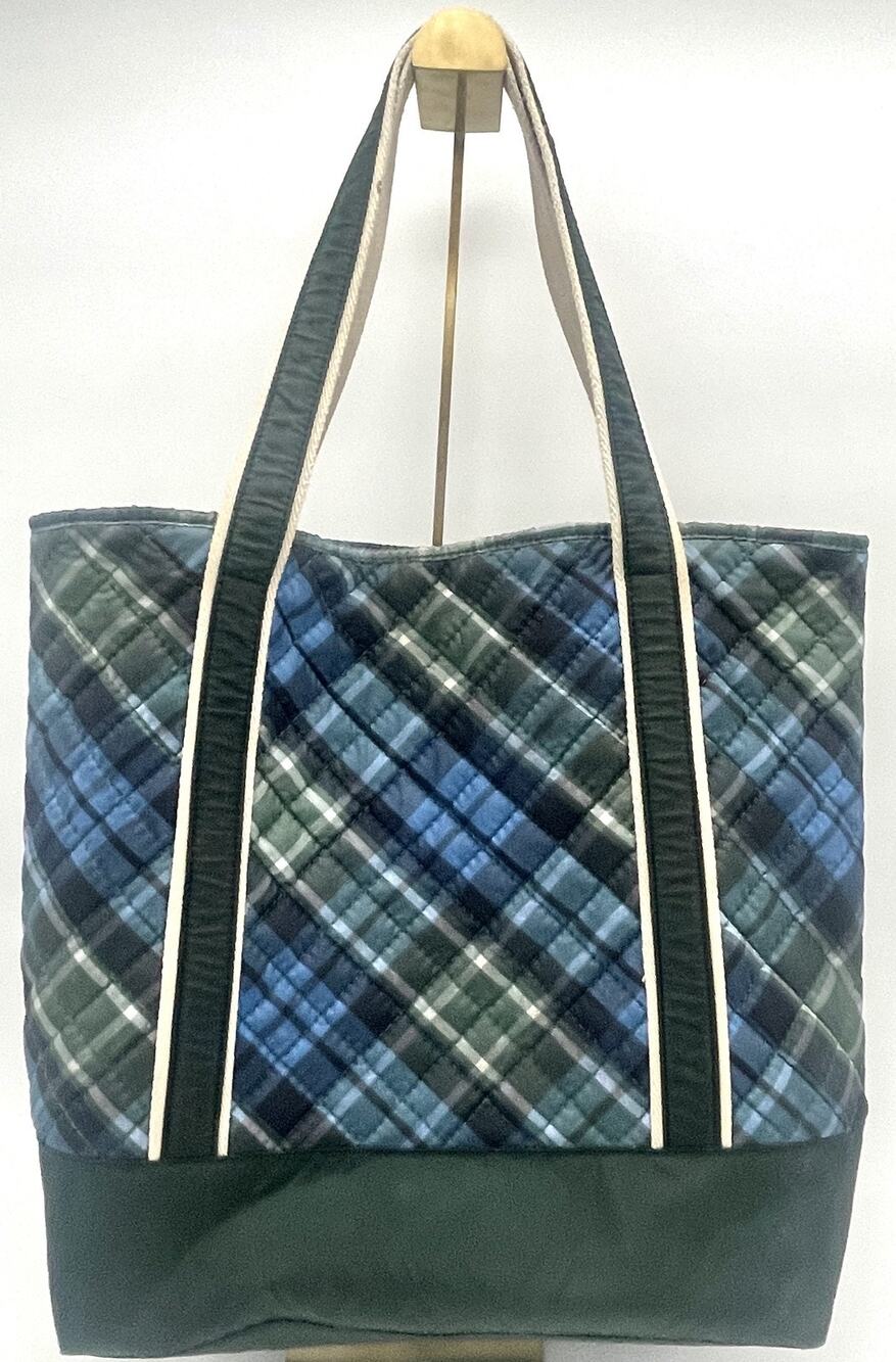 Lands' End Blue Green Tartan Plaid Quilted Shoulder Tote Bag Green Trim